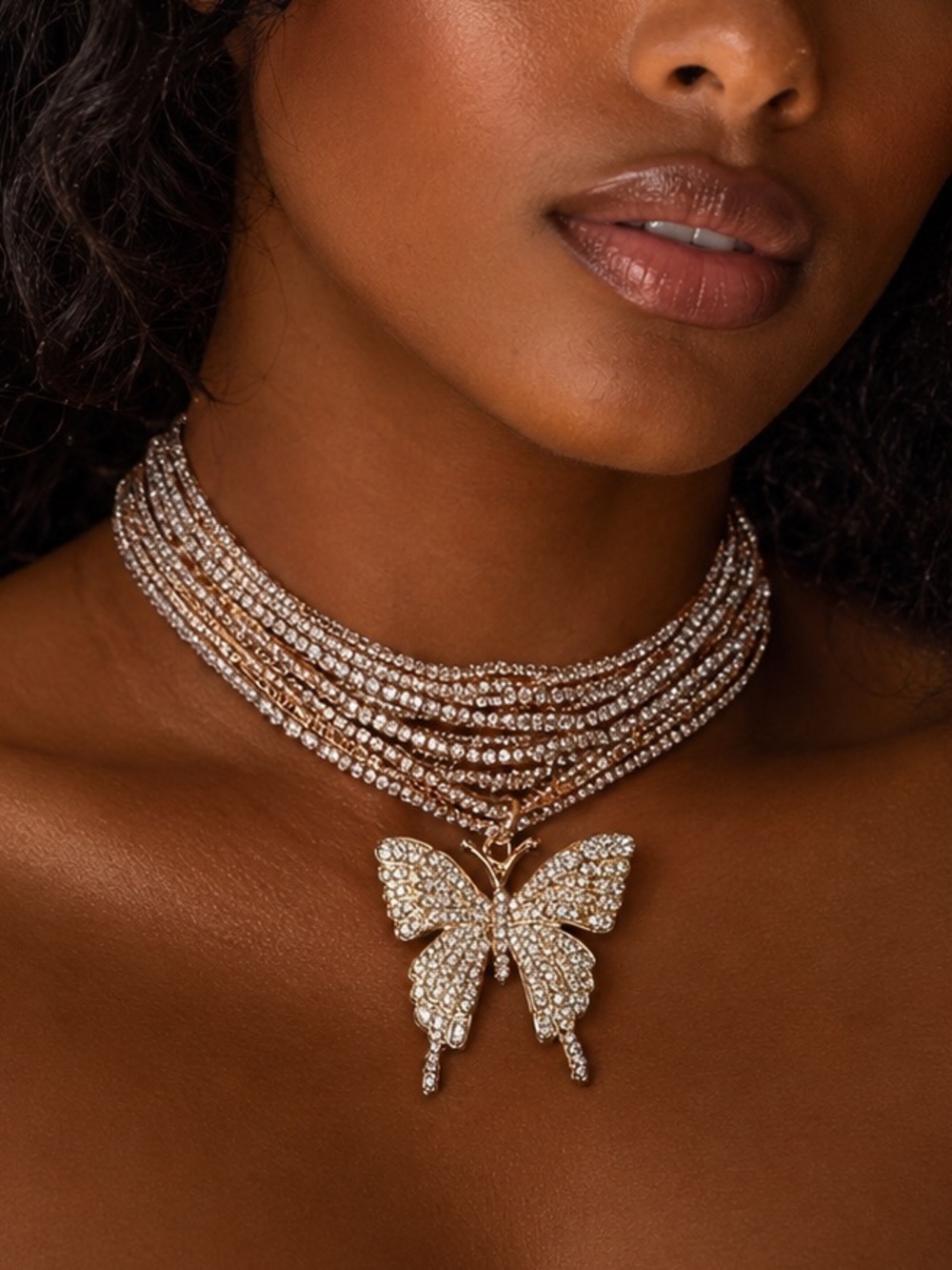 Multi-Strand Crystal Choker Necklace with Butterfly Pendant - Gold